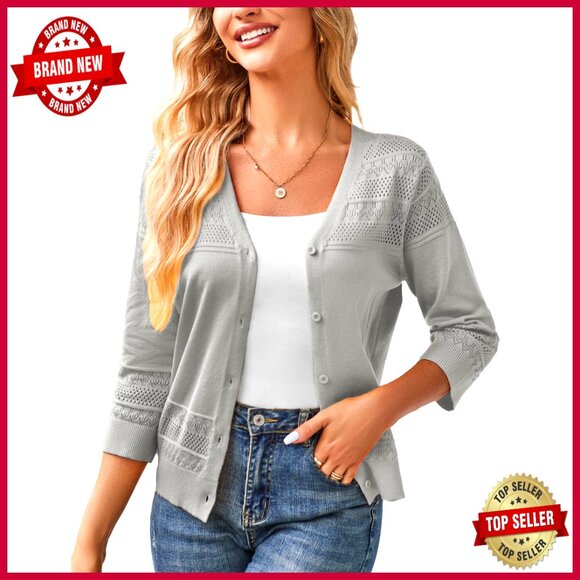 Sweaters - Cropped Cardigan 3/4 Sleeve Lightweight Crochet Shrug Hollowed-Out Knit Sweater